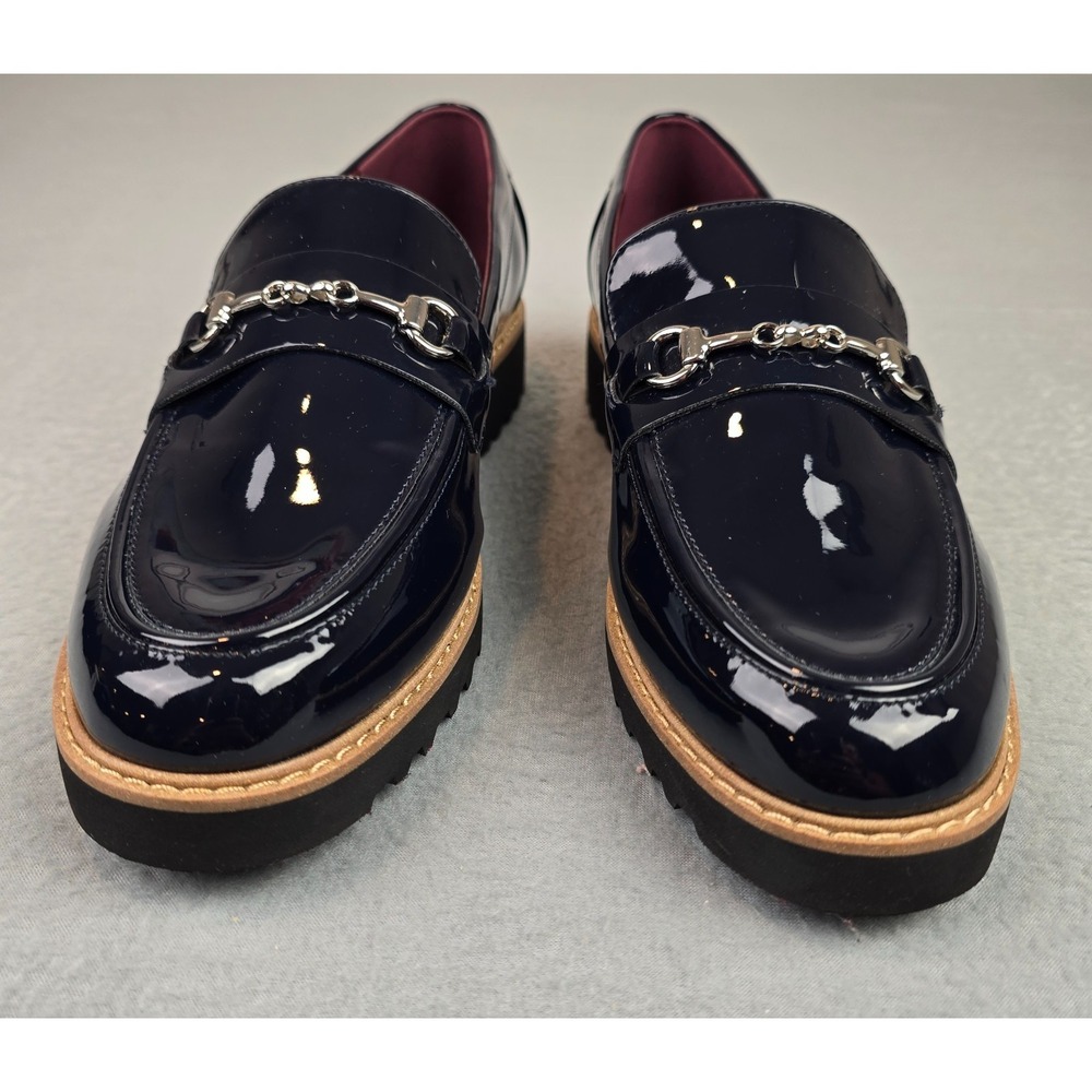 Franco Sarto Patent Loafers Navy Blue Horsebit Slip On Shoes Women's 10W Preppy - Picture 2 of 10